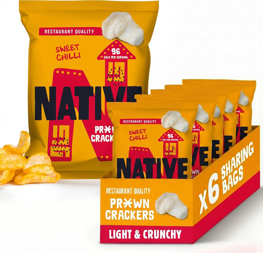 Native Snacks Sweet Chilli Flavour Prawn Crackers, 6 x 60g Bags - Light & Crunchy - Low Calorie & Low Fat Crisps - Vegan Multipack - Ideal for Dipping & Sharing - UK Made Snacks