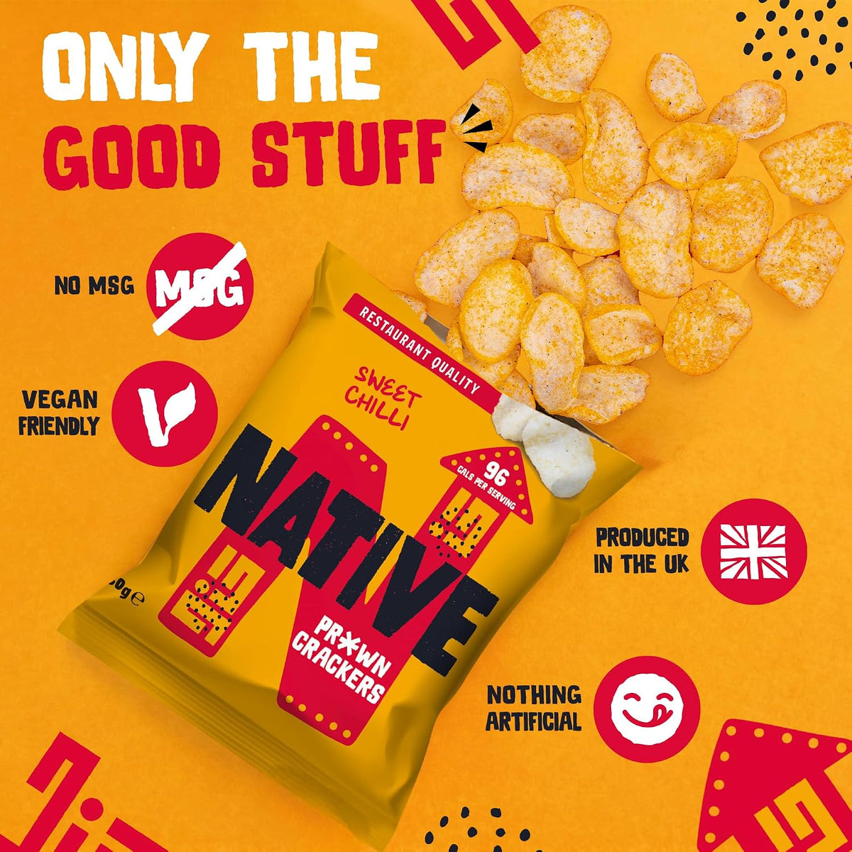 Native Snacks Sweet Chilli Flavour Prawn Crackers, 6 x 60g Bags - Light & Crunchy - Low Calorie & Low Fat Crisps - Vegan Multipack - Ideal for Dipping & Sharing - UK Made Snacks