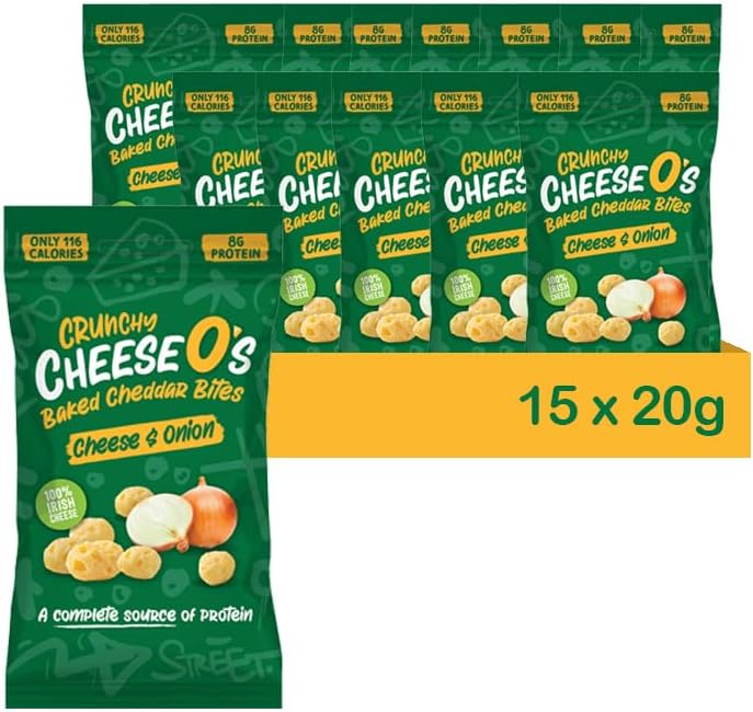 CheeseO's Crunchy Baked Cheddar Cheese Onion Crisps Pack of 15x20g - Cheddar Bites, Keto Snacks, High Protein Snack, Baked Crisps Low Carb Gluten Free Vegetarian Savoury Snack