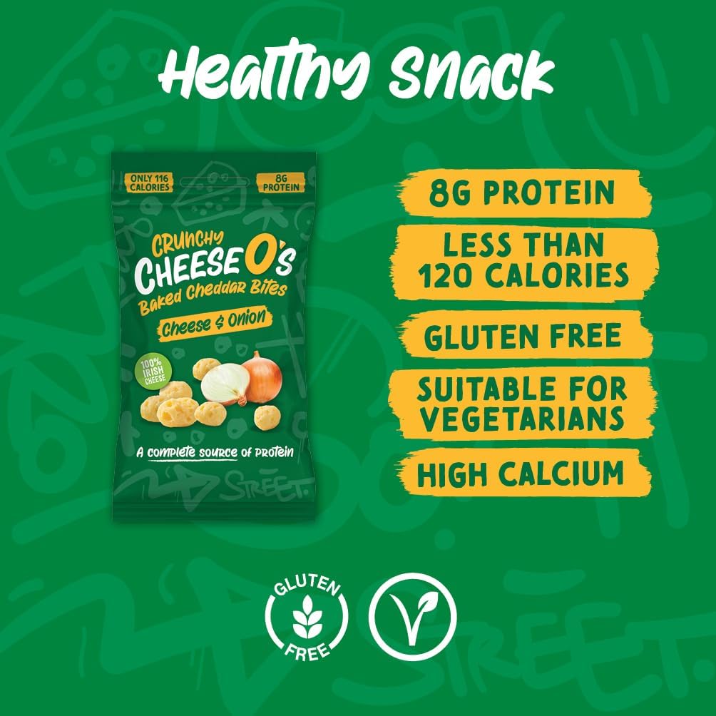 CheeseO's Crunchy Baked Cheddar Cheese Onion Crisps Pack of 15x20g - Cheddar Bites, Keto Snacks, High Protein Snack, Baked Crisps Low Carb Gluten Free Vegetarian Savoury Snack
